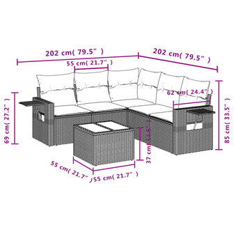 6-delige Loungeset met kussens poly rattan lichtgrijs