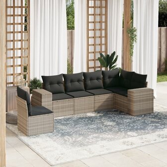 6-delige Loungeset met kussens poly rattan lichtgrijs