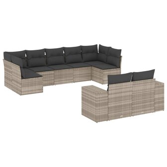 9-delige Loungeset met kussens poly rattan lichtgrijs