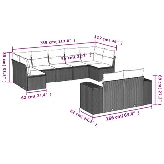 9-delige Loungeset met kussens poly rattan lichtgrijs