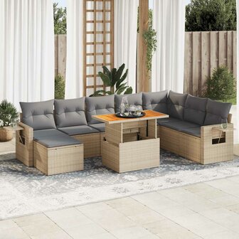 9-delige Loungeset met kussens poly rattan beige