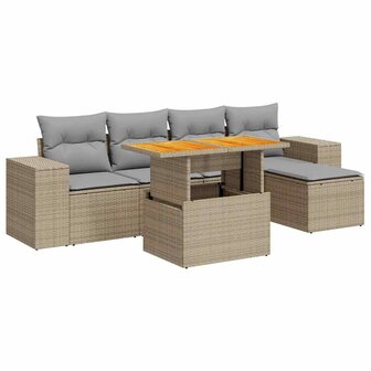 6-delige Loungeset met kussens poly rattan beige