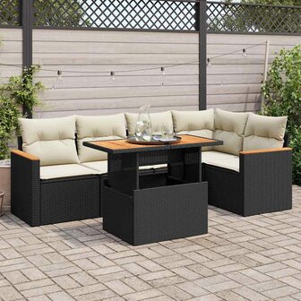 6-delige Loungeset met kussens poly rattan acacia zwart