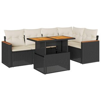 6-delige Loungeset met kussens poly rattan acacia zwart