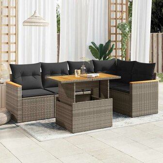 6-delige Loungeset met kussens poly rattan acacia grijs