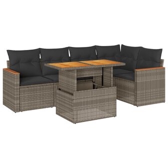 6-delige Loungeset met kussens poly rattan acacia grijs