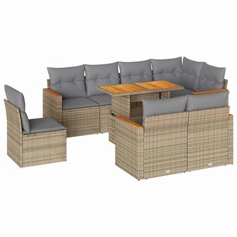 9-delige Loungeset met kussens poly rattan acacia beige