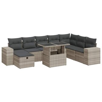 9-delige Loungeset met kussens poly rattan lichtgrijs