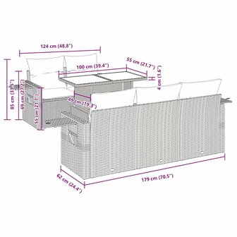 6-delige Loungeset met kussens poly rattan bruin