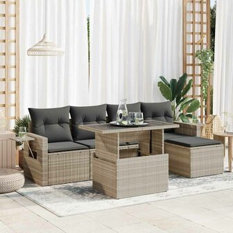 6-delige Loungeset met kussens poly rattan lichtgrijs