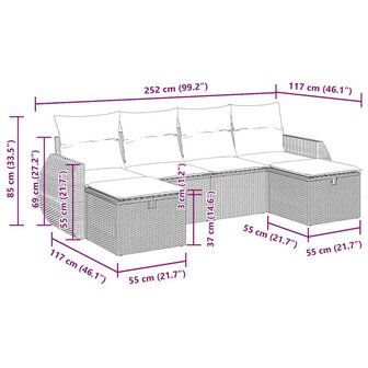 6-delige Loungeset met kussens poly rattan lichtgrijs