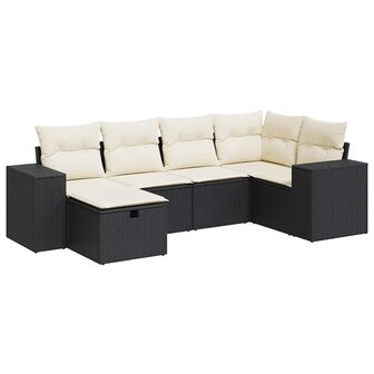 6-delige Loungeset met kussens poly rattan zwart