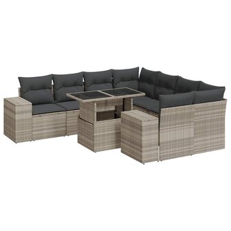 9-delige Loungeset met kussens poly rattan lichtgrijs