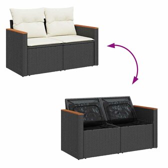 7-delige Loungeset met kussens poly rattan zwart