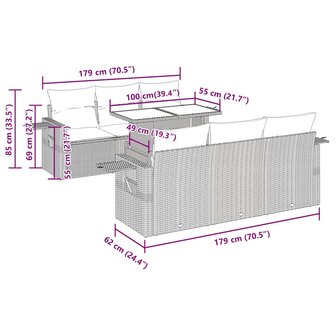 7-delige Loungeset met kussens poly rattan grijs