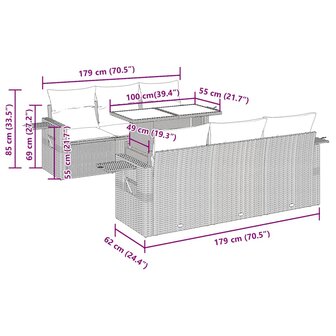 7-delige Loungeset met kussens poly rattan lichtgrijs