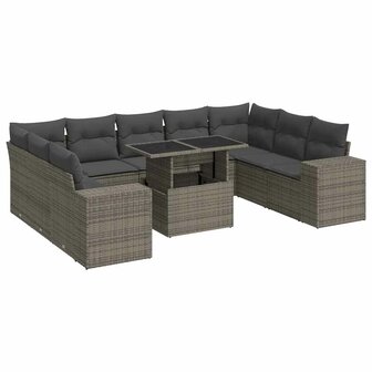 10-delige Loungeset met kussens poly rattan grijs