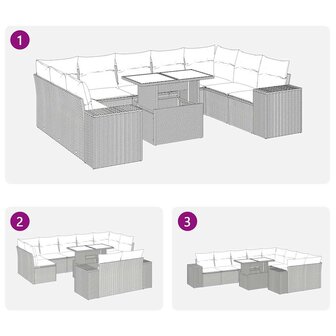 10-delige Loungeset met kussens poly rattan grijs