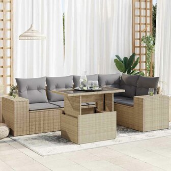 6-delige Loungeset met kussens poly rattan beige