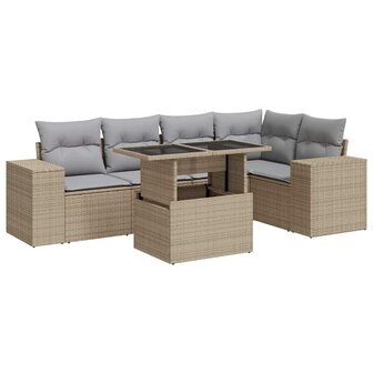 6-delige Loungeset met kussens poly rattan beige