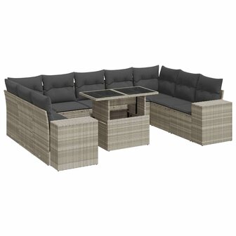10-delige Loungeset met kussens poly rattan lichtgrijs