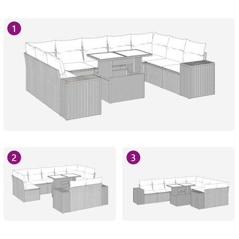 10-delige Loungeset met kussens poly rattan lichtgrijs