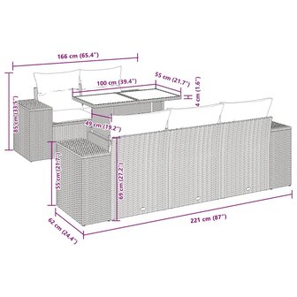 6-delige Loungeset met kussens poly rattan grijs