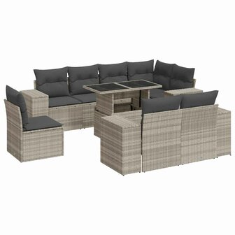 9-delige Loungeset met kussens poly rattan lichtgrijs