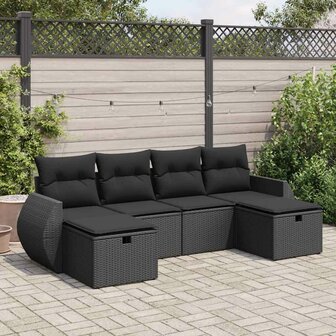 6-delige Loungeset met kussens poly rattan zwart