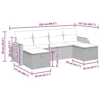 6-delige Loungeset met kussens poly rattan zwart