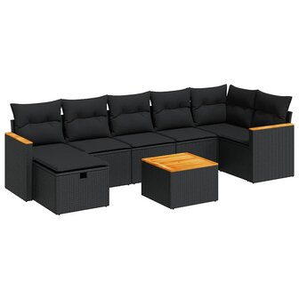 8-delige Loungeset met kussens poly rattan zwart