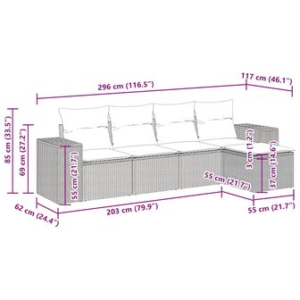 5-delige Loungeset met kussens poly rattan zwart