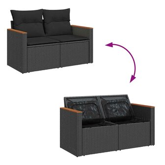 9-delige Loungeset met kussens poly rattan acacia zwart