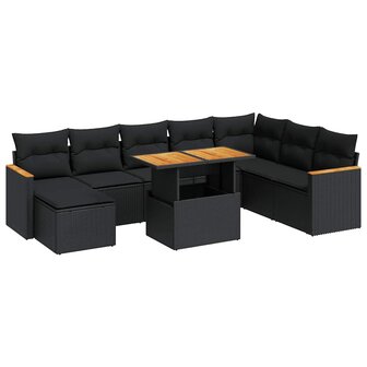 9-delige Loungeset met kussens poly rattan acacia zwart