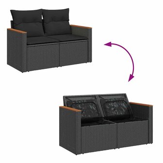 9-delige Loungeset met kussens poly rattan acacia zwart