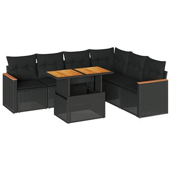 7-delige Loungeset met kussens poly rattan acacia zwart
