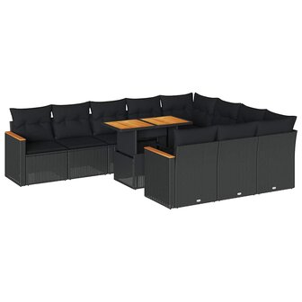 11-delige Loungeset met kussens poly rattan acacia zwart