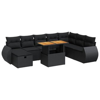 9-delige Loungeset met kussens poly rattan acacia zwart