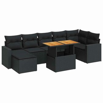 8-delige Loungeset met kussens poly rattan zwart