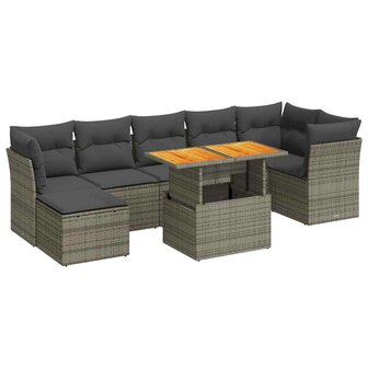 8-delige Loungeset met kussens poly rattan grijs
