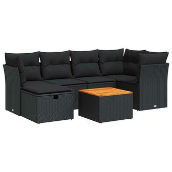 7-delige Loungeset met kussens poly rattan zwart