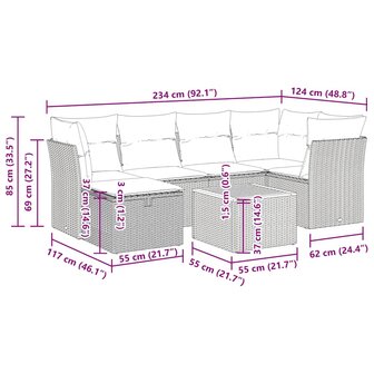 7-delige Loungeset met kussens poly rattan zwart