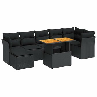 8-delige Loungeset met kussens poly rattan zwart