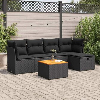 6-delige Loungeset met kussens poly rattan zwart