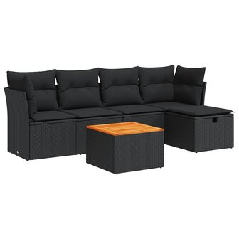 6-delige Loungeset met kussens poly rattan zwart
