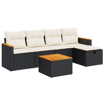 6-delige Loungeset met kussens poly rattan zwart