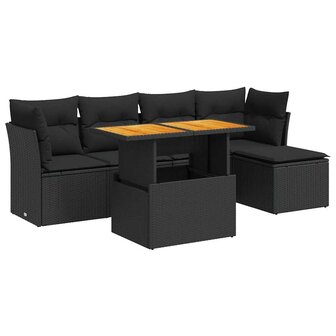 6-delige Loungeset met kussens poly rattan zwart