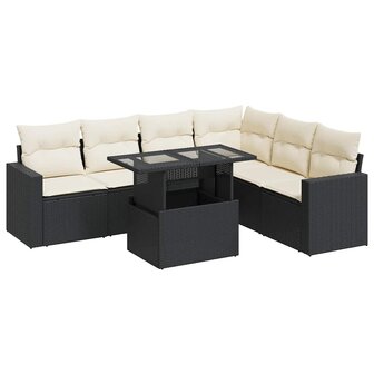7-delige Loungeset met kussens poly rattan zwart