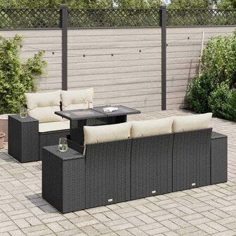 6-delige Loungeset met kussens poly rattan zwart