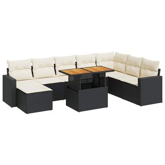 9-delige Loungeset met kussens poly rattan zwart